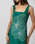 EMERALD BLOOM EMBROIDERED SLEEVELESS MIDI DRESS