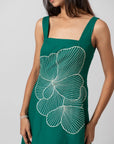 Emerald Bloom Embroidered Sleeveless Midi Dress by Enhyphen The Label