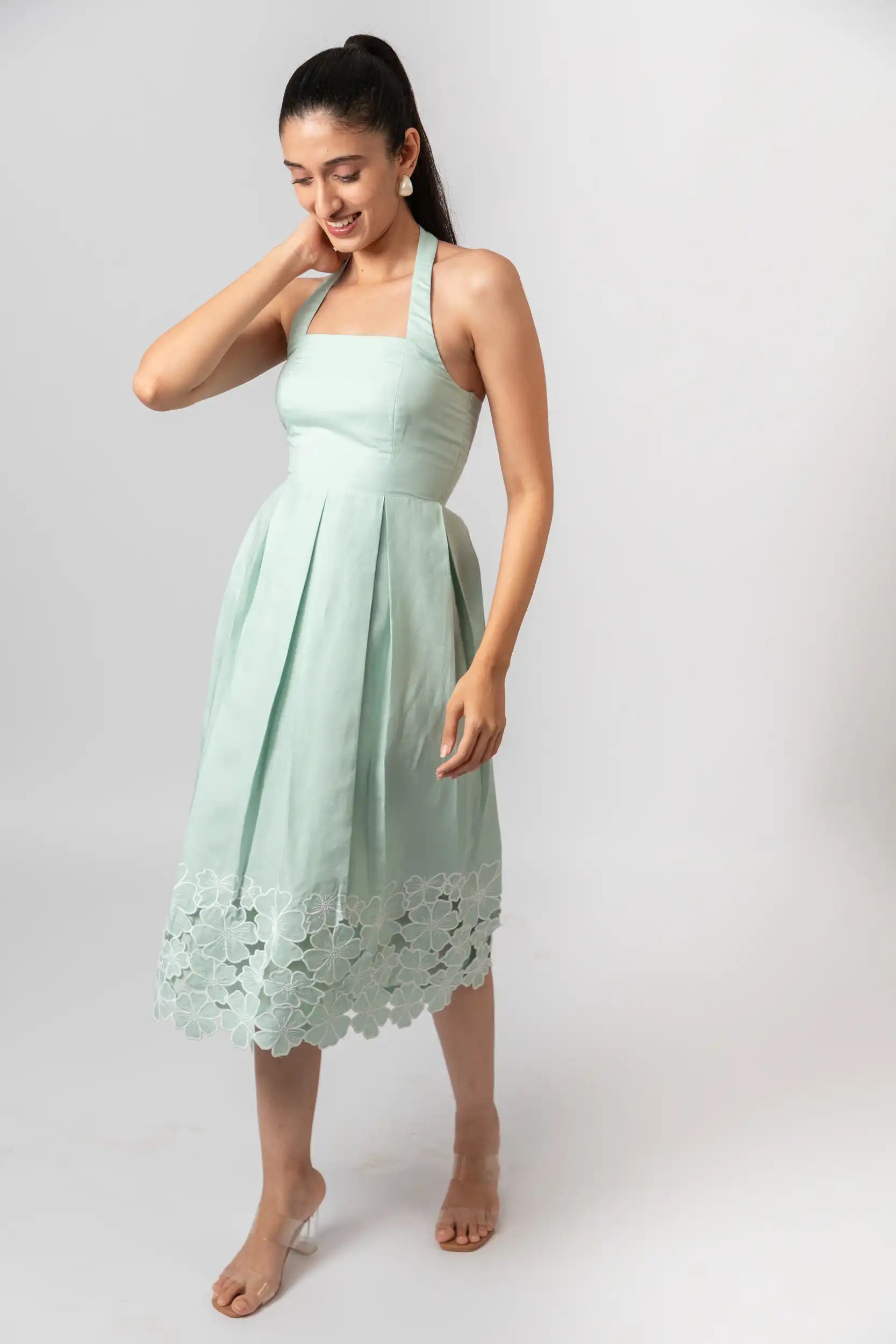 Cotton Blend Sea Green Halter Neck Midi Dress | ENHYPHEN Cotton Blend Sea Green Halter Neck Midi Dress | ENHYPHEN