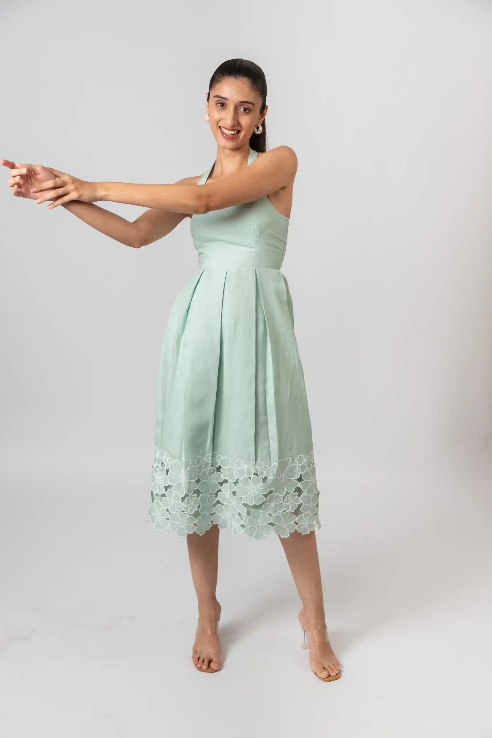Cotton Blend Sea Green Halter Neck Midi Dress | ENHYPHEN