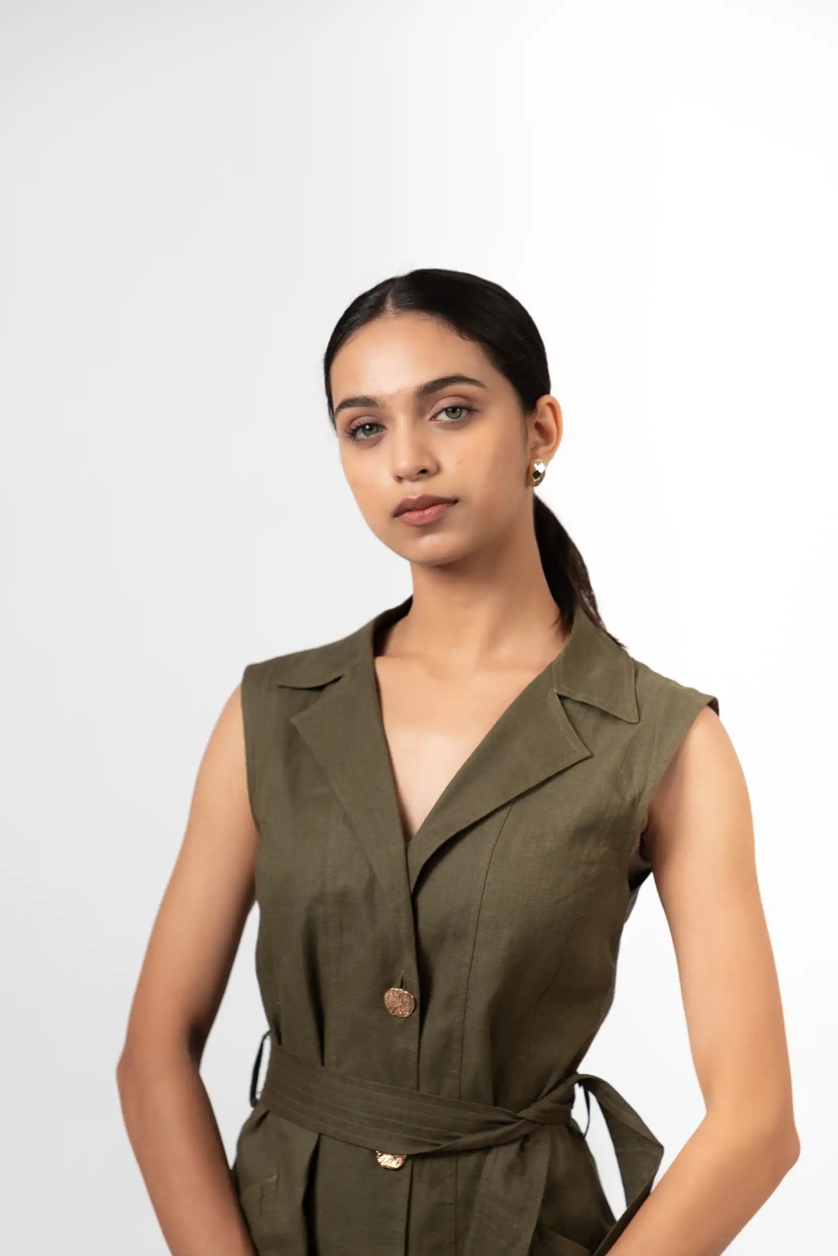 strapless open back dress LINEN COTTON | GREEN | SLEEVELESS | BUTTONED | MINI DRESS | COLLARED NECK |  SUMMER