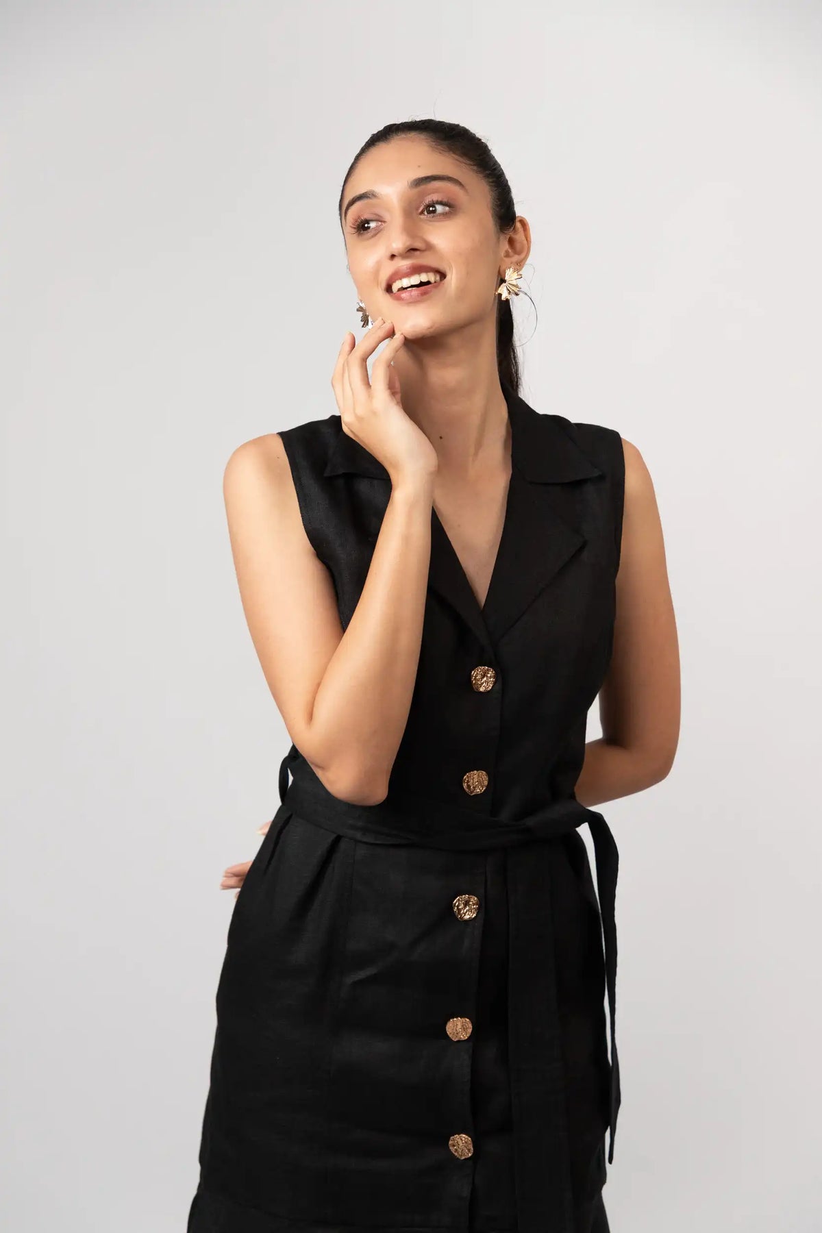 LINEN | BLACK | SLEEVELESS | SHIRT DRESS | BUTTON DOWN | BELTED | MIDI