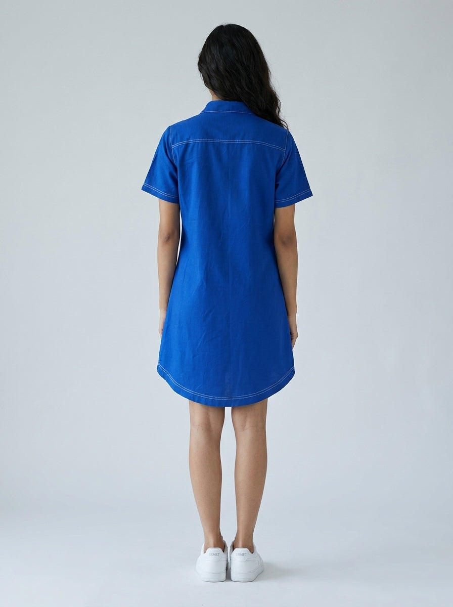 Cobalt Blue Beaded Scooter Cotton Shirt Dress by ENHYPHEN The Label