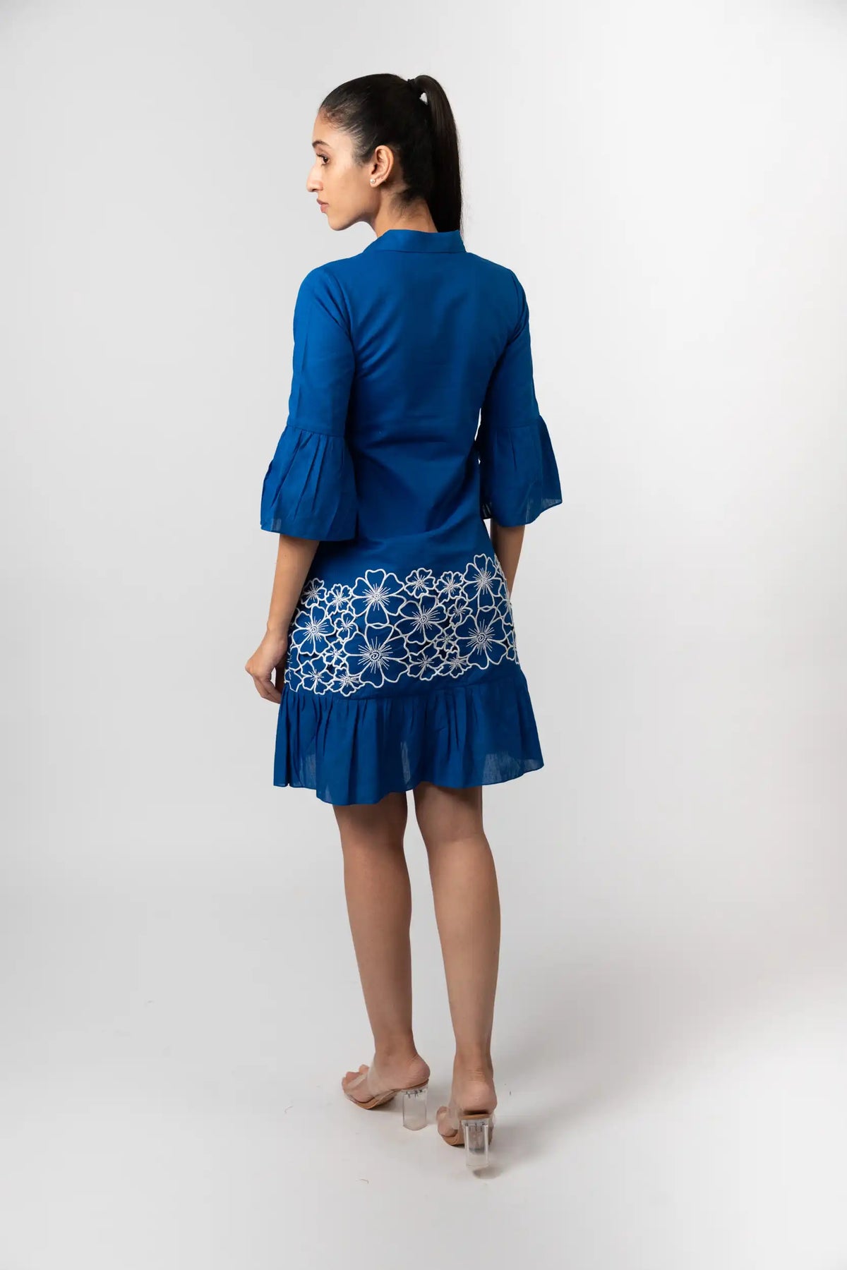 LINEN COTTON | ROYAL BLUE | EMBROIDERED | SHIRT DRESS | BELL SLEEVE |  SUMMER | OFFICE