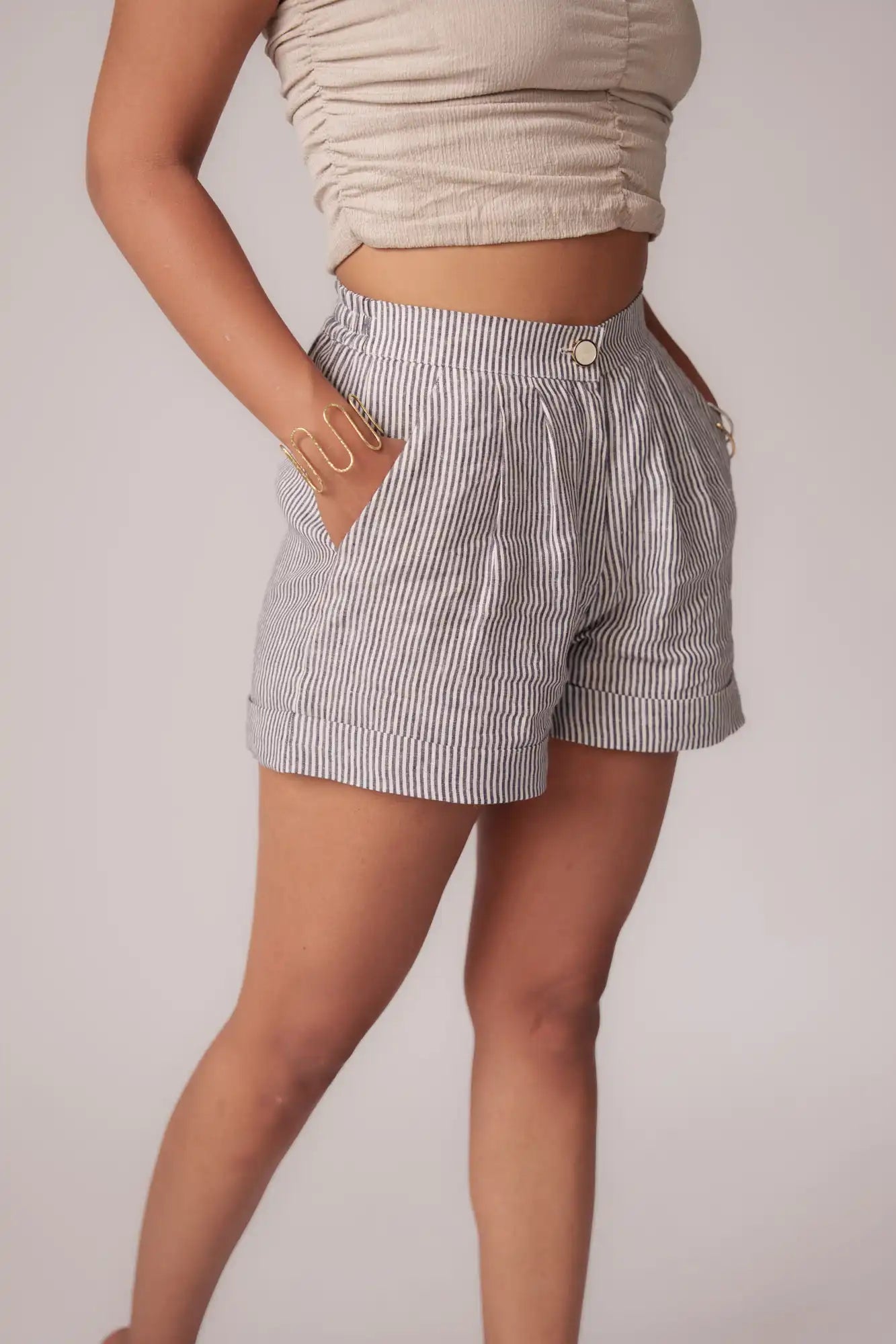 Dark Navy Blue Striped Shorts by Enhyphen The Label
