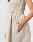 STRIPED SMOCKED MIDI DRESS