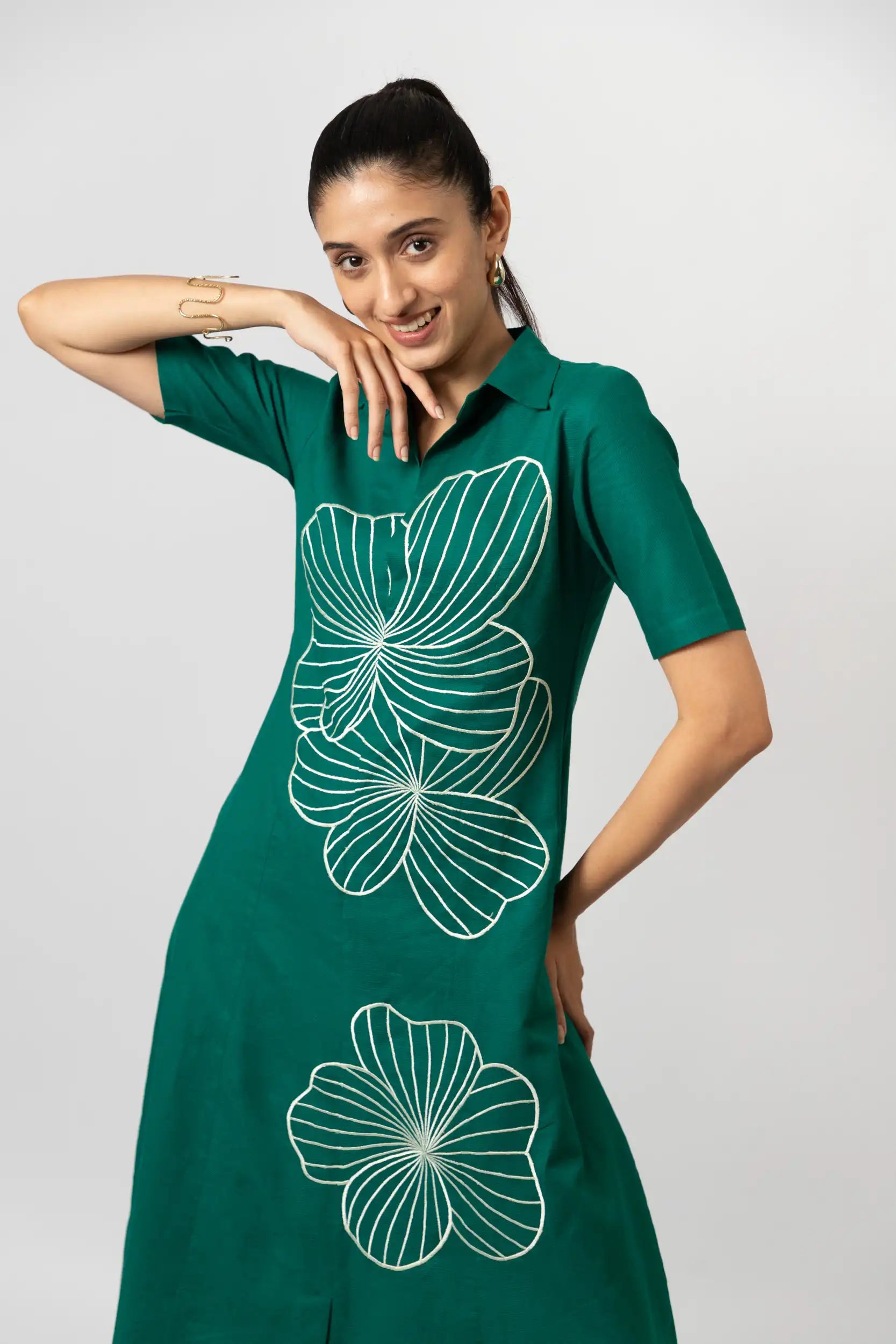Linen Cotton Emerald Green Floral Embroieded Midi Shirt Dress | ENHYPHEN Linen Cotton Emerald Green Floral Embroieded Midi Shirt Dress | ENHYPHEN