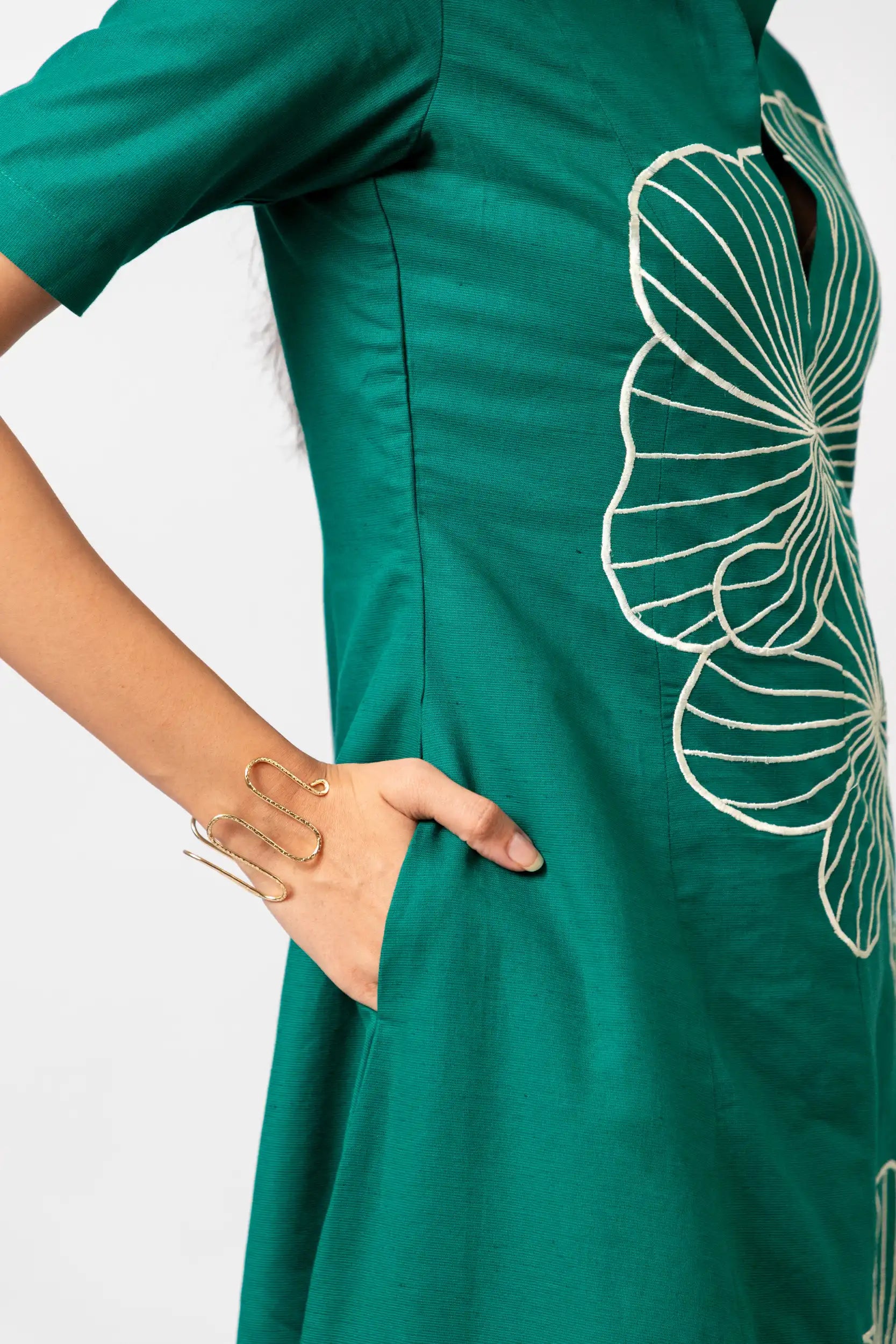 Linen Cotton Emerald Green Floral Embroieded Midi Shirt Dress | ENHYPHEN Linen Cotton Emerald Green Floral Embroieded Midi Shirt Dress | ENHYPHEN