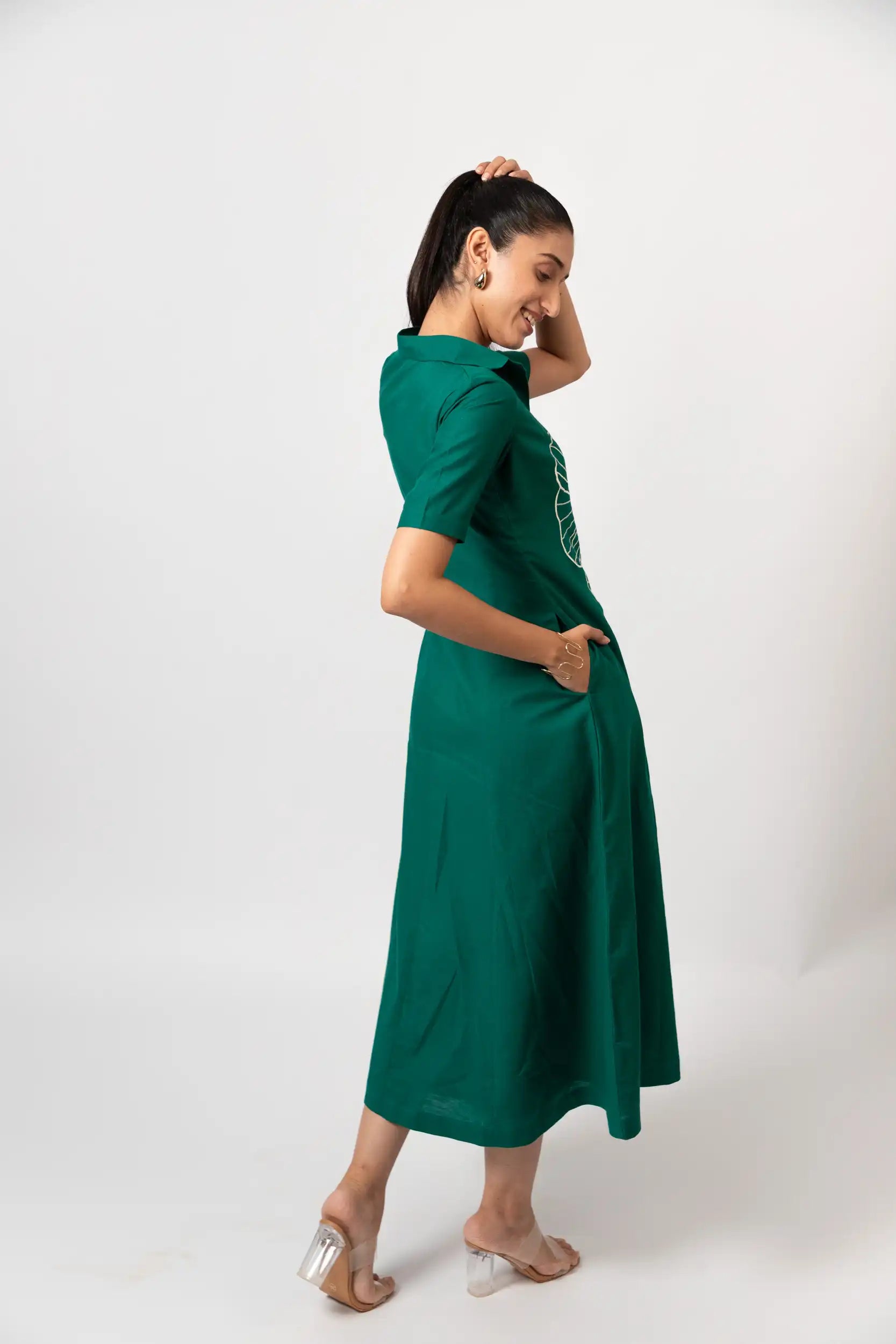 Linen Cotton Emerald Green Floral Embroieded Midi Shirt Dress