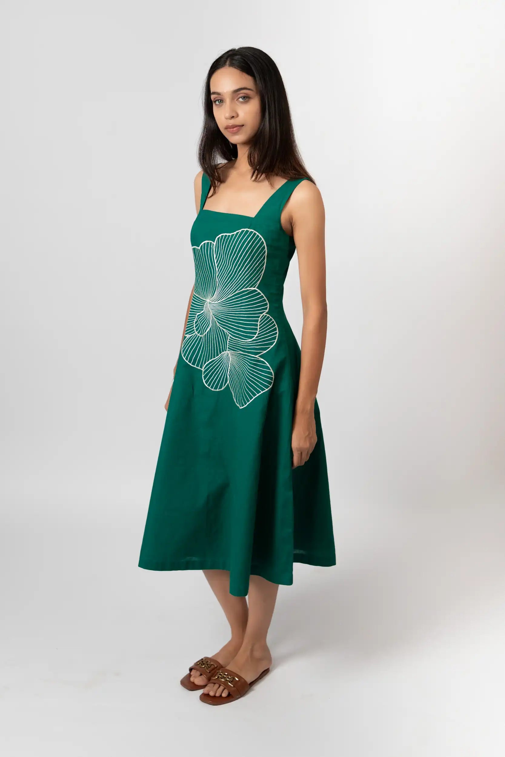 Emerald Bloom Embroidered Sleeveless Midi Dress by Enhyphen