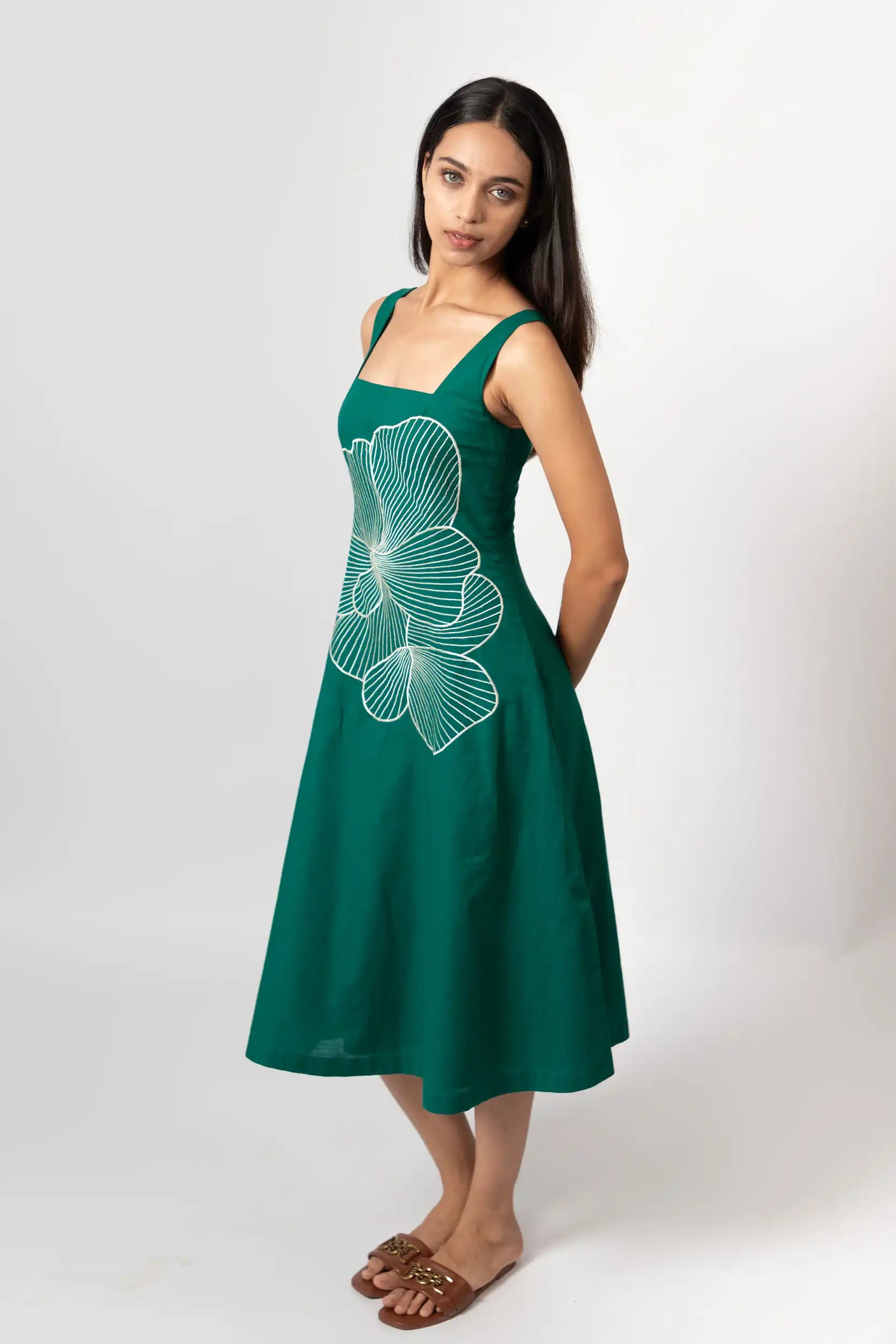 Emerald Bloom Embroidered Sleeveless Midi Dress by Enhyphen The Label