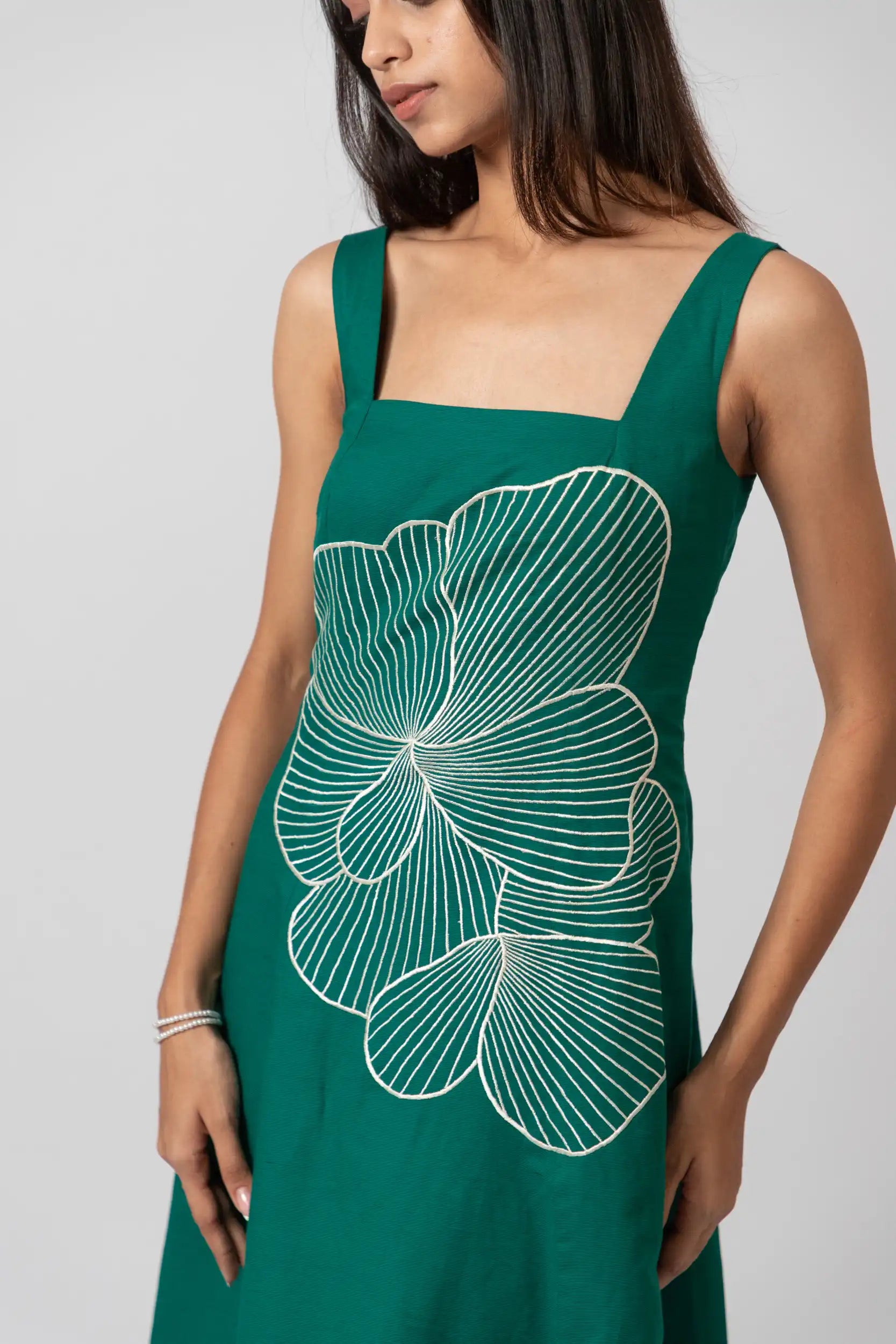Emerald Bloom Embroidered Sleeveless Midi Dress by Enhyphen The Label