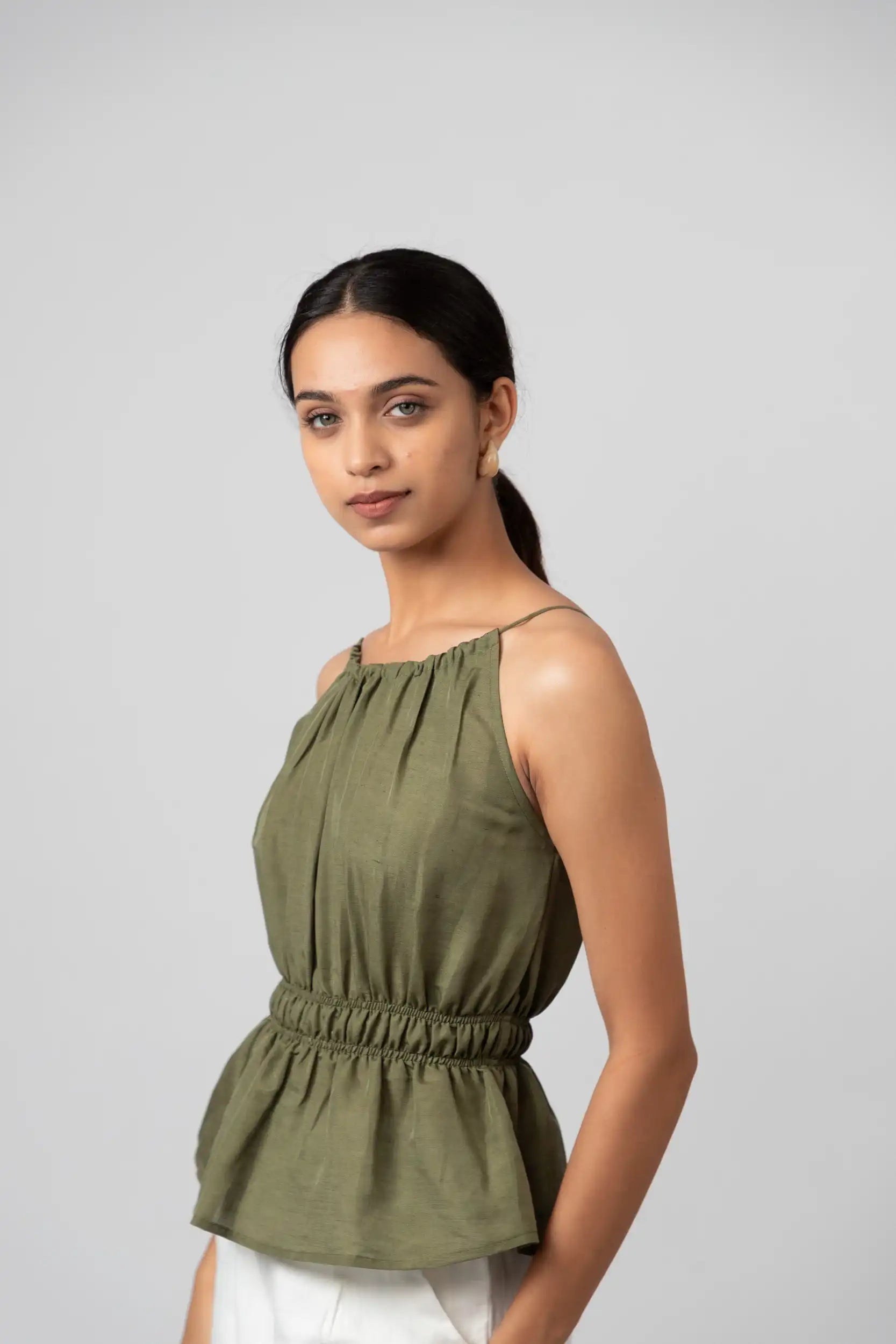 Gathered Halter Pink Peplum Top by ENHYPHEN