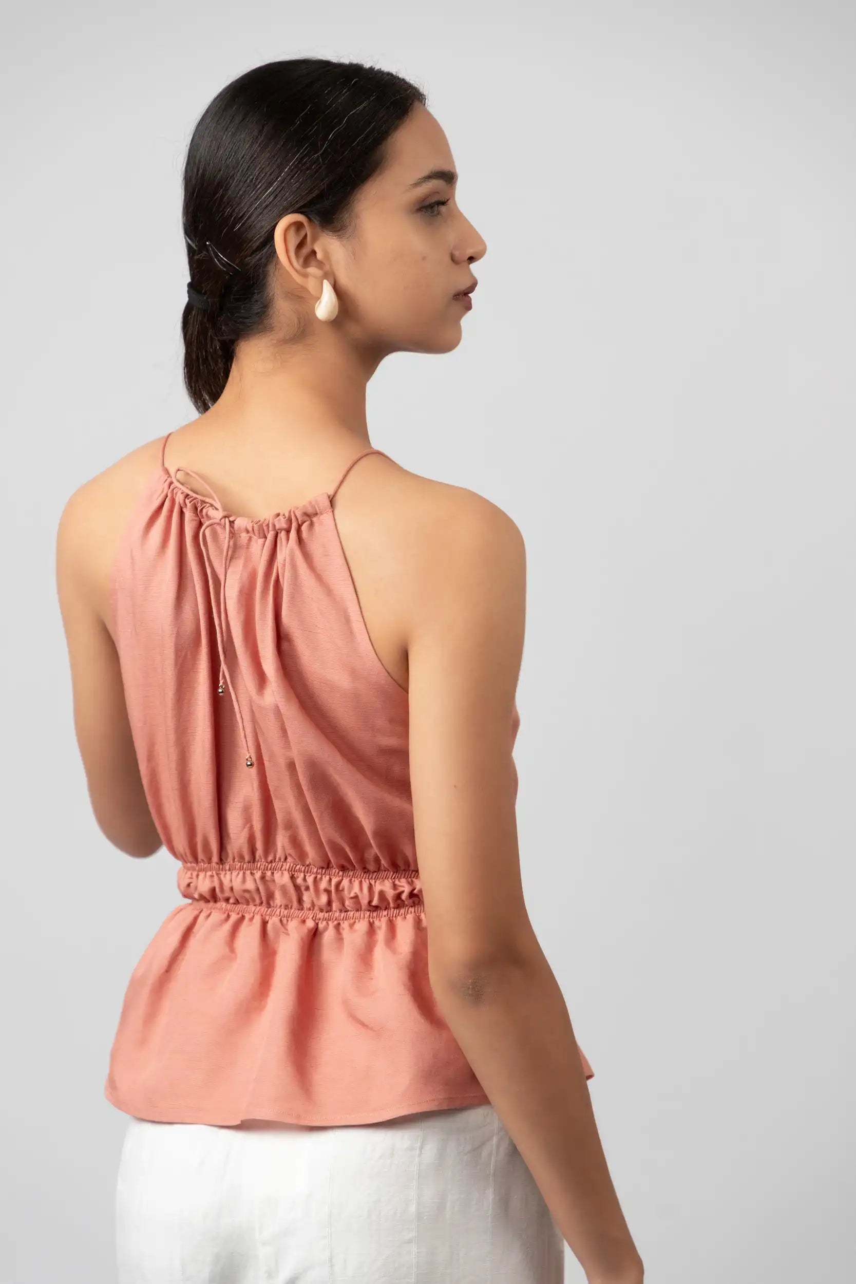 Gathered Halter Pink Peplum Top by ENHYPHEN