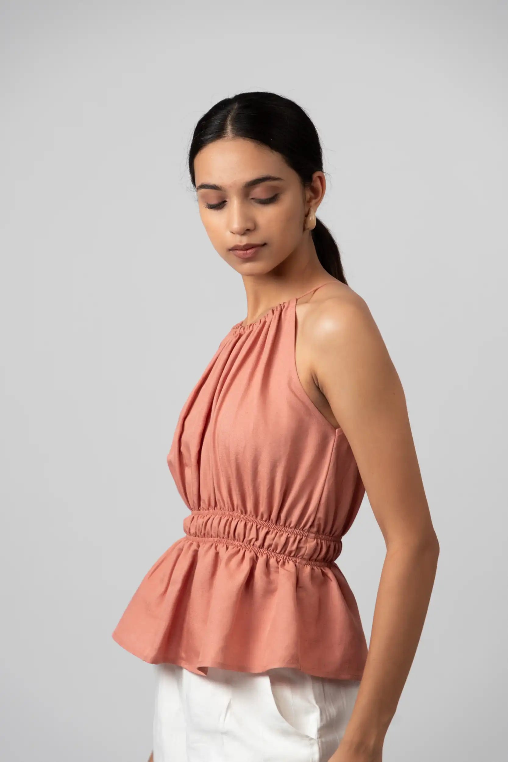 Gathered Halter Pink Peplum Top by ENHYPHEN