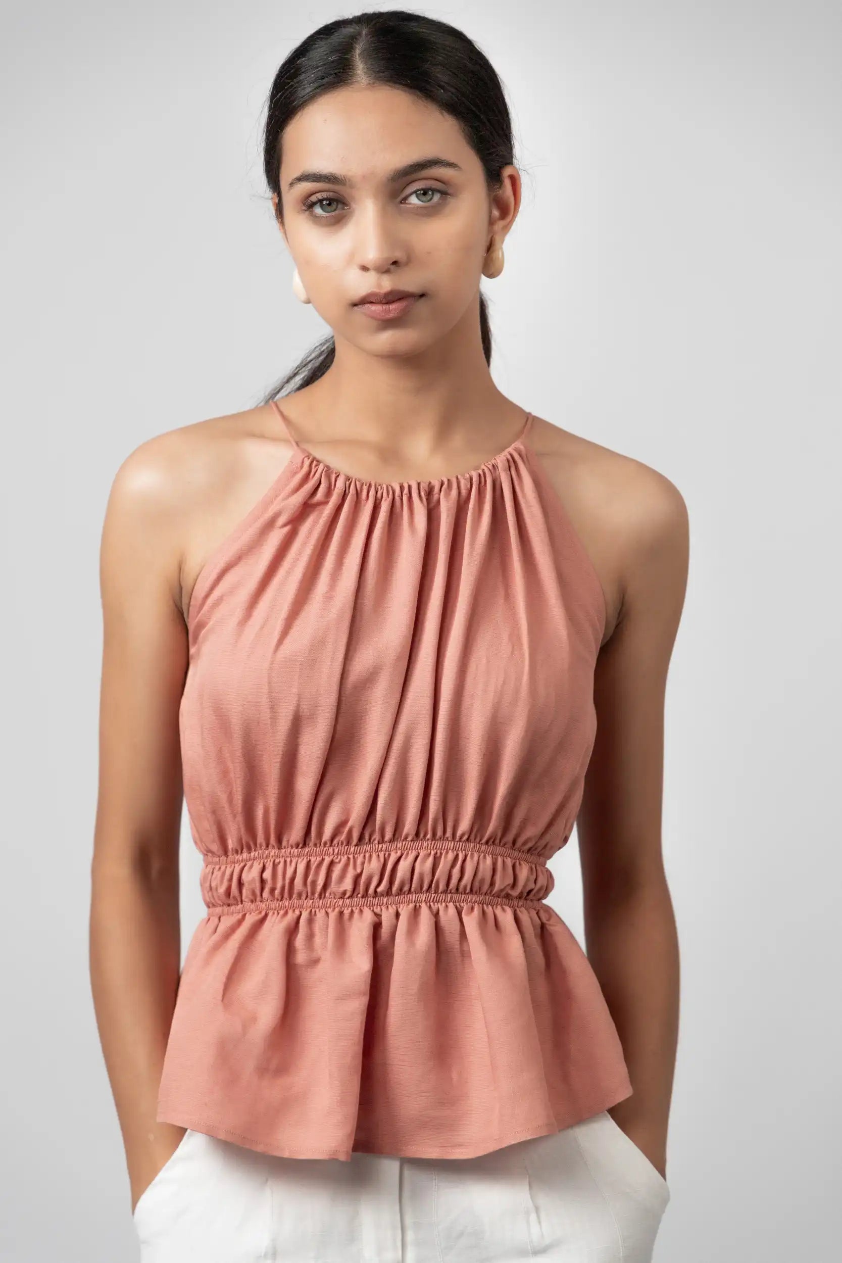 Gathered Halter Pink Peplum Top by ENHYPHEN