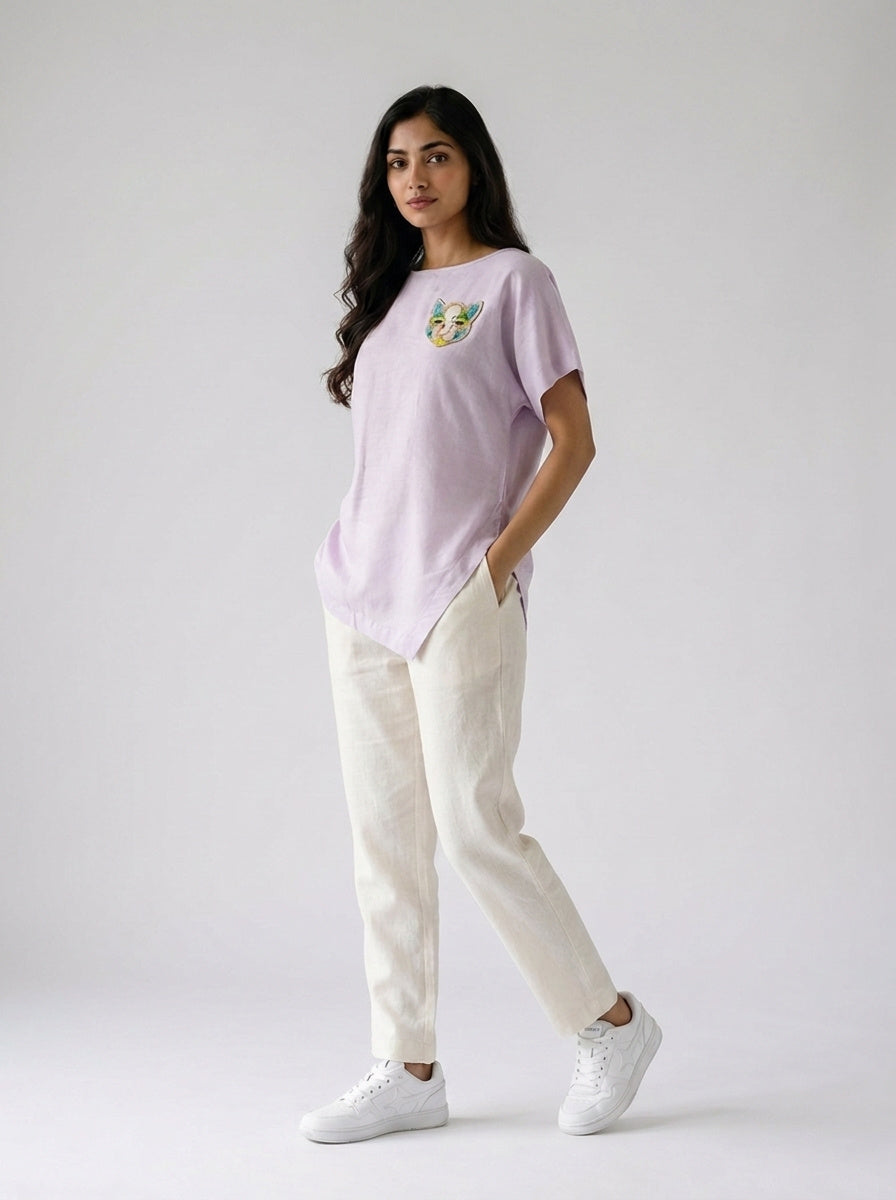 Lilac Hand-Beaded Cat Linen Top by ENHYPHEN The Label