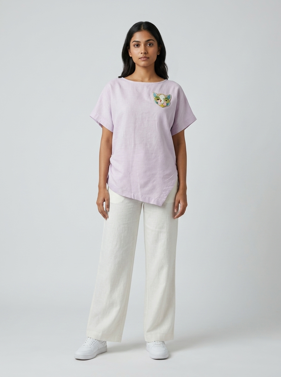 Lilac Hand-Beaded Cat Linen Top by ENHYPHEN The Label