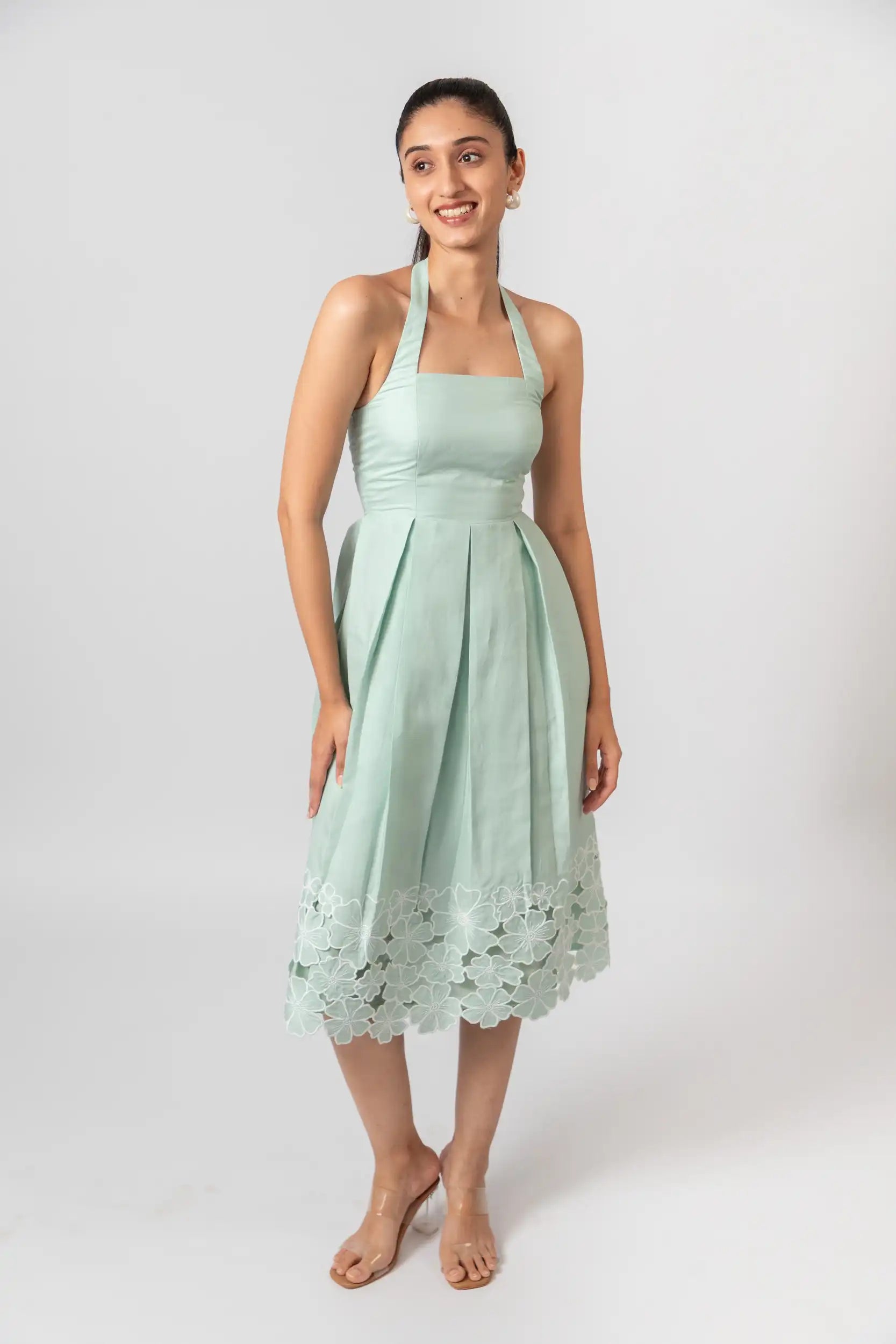 Mint Green Embroidered Halter Midi Dress by Enhyphen