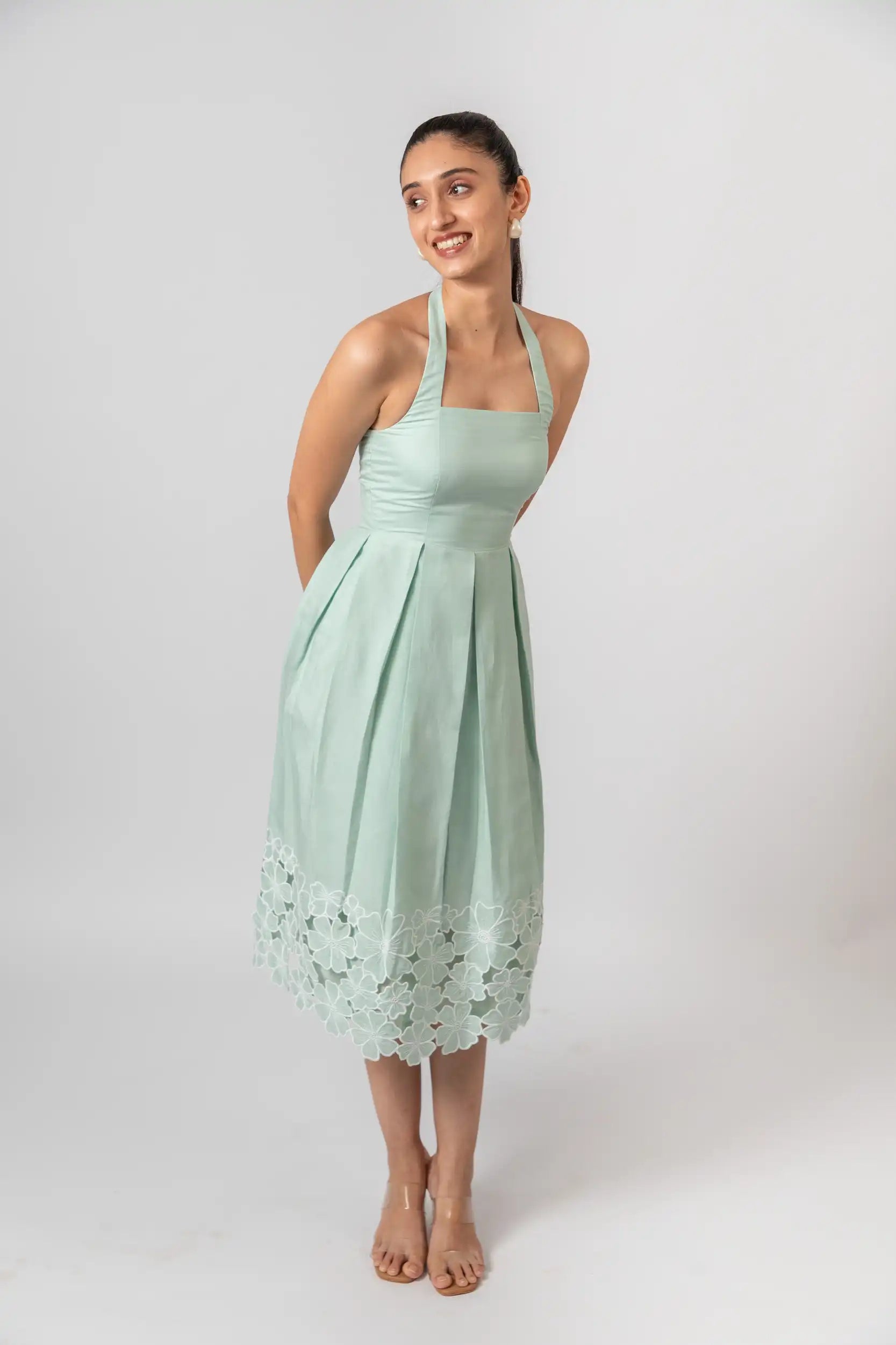 Mint Green Embroidered Halter Midi Dress by Enhyphen