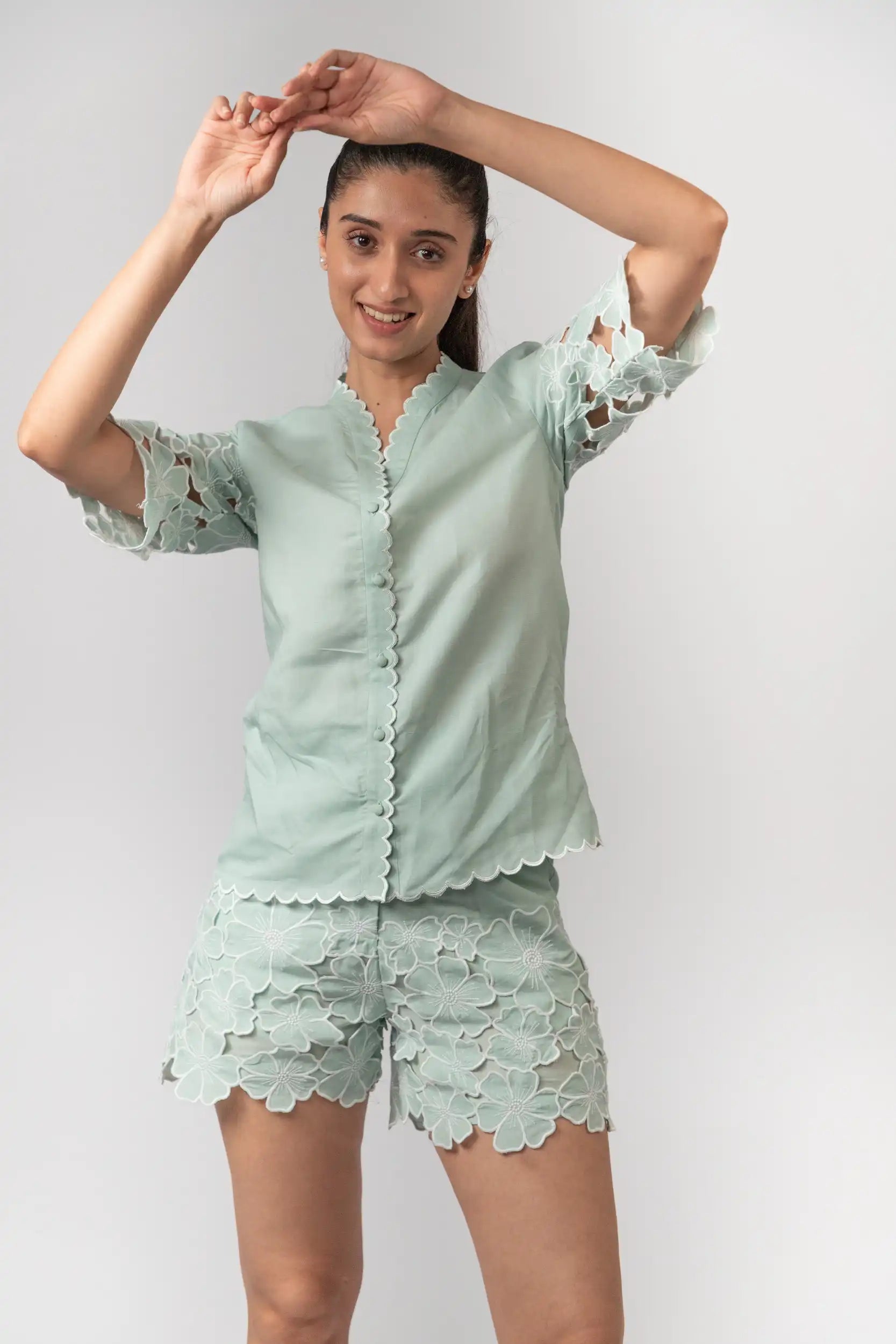 Mint Green Embroidered Shorts by Enhyphen