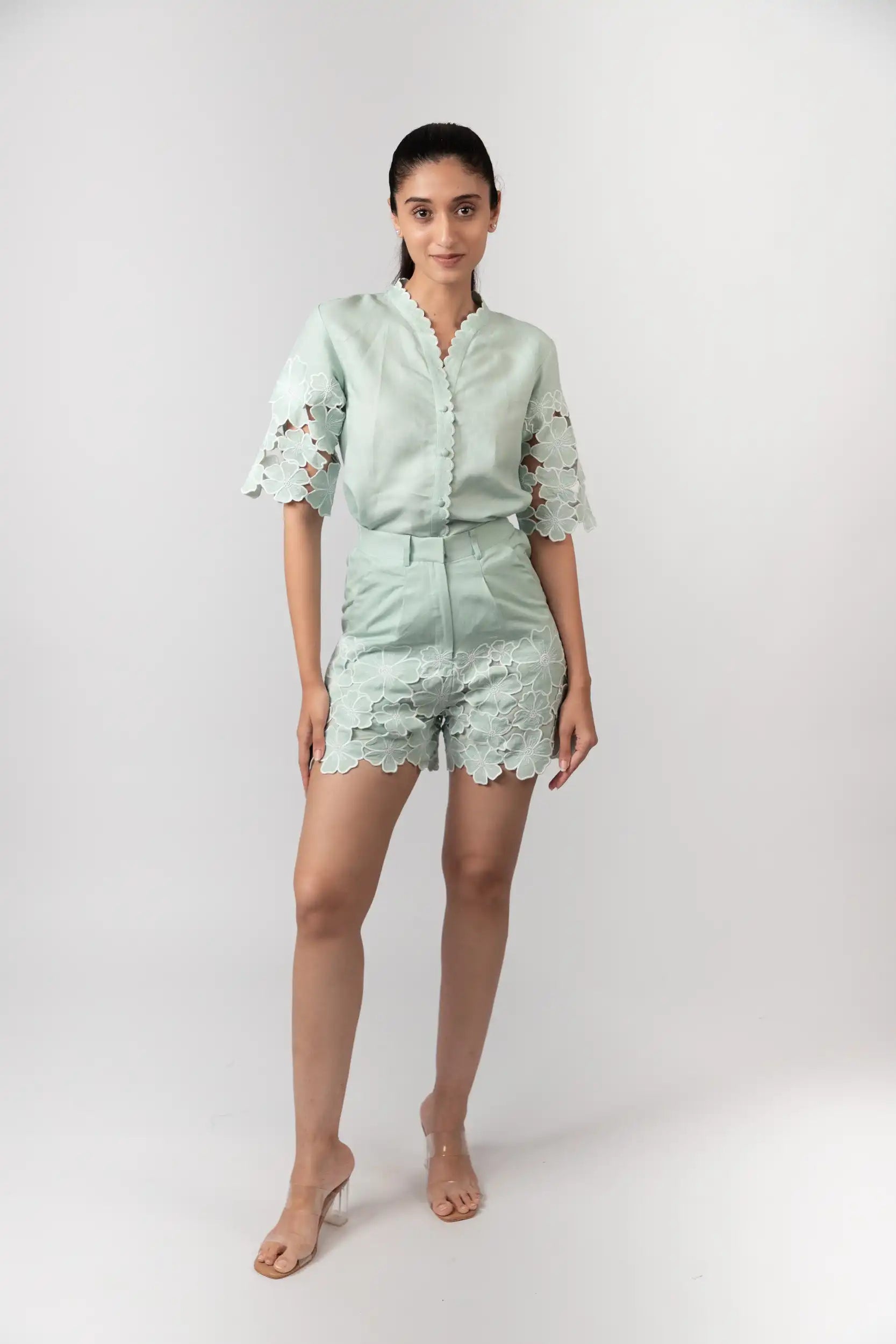 Mint Green Embroidered Shorts by Enhyphen