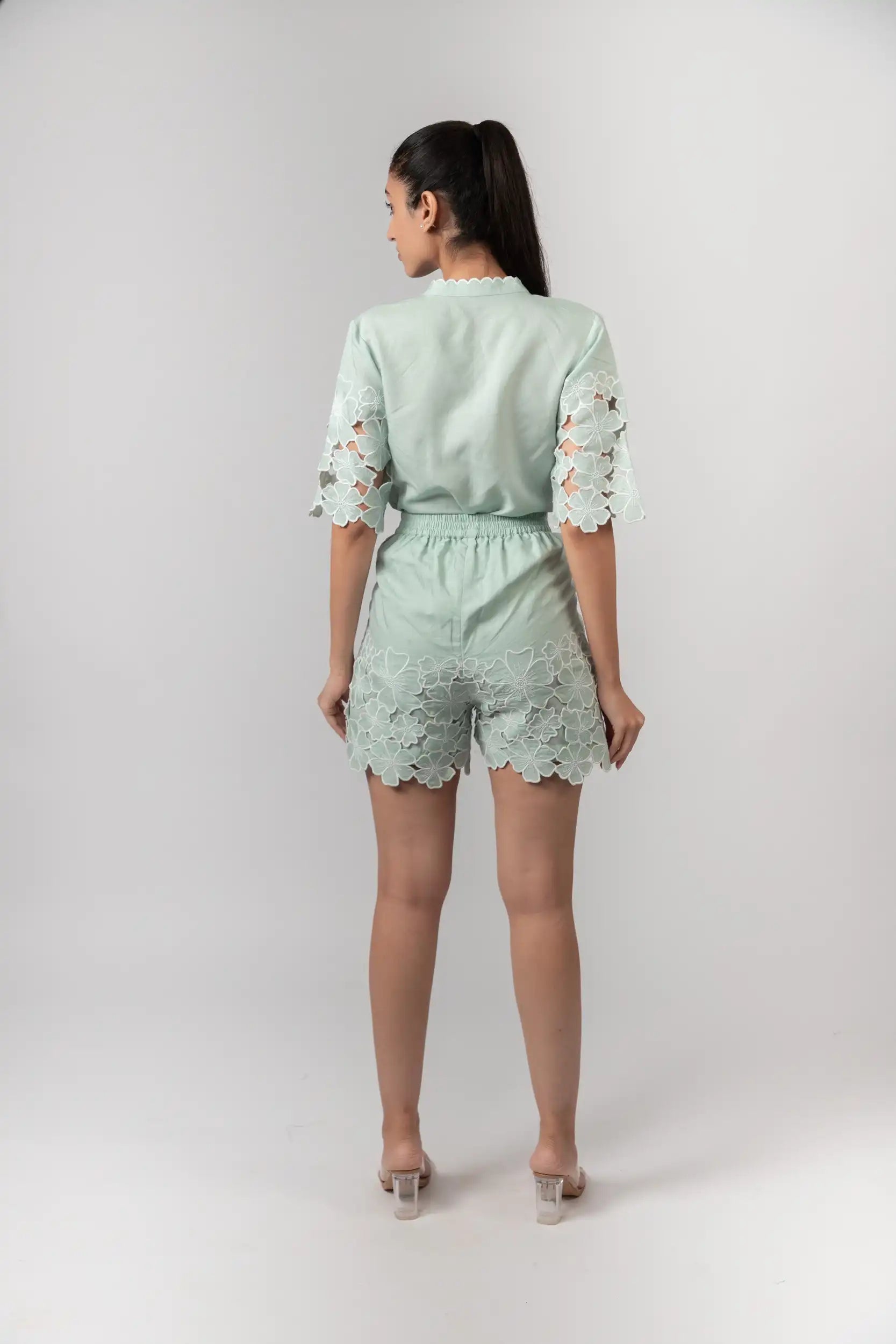 Mint Green Embroidered Shorts by Enhyphen