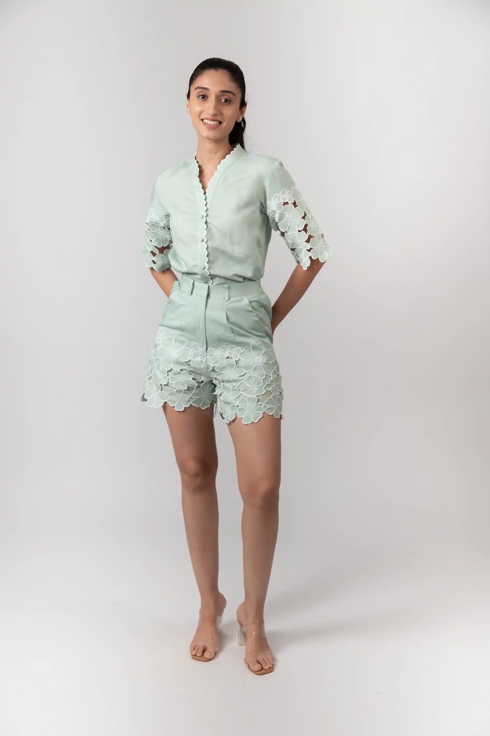 Mint Green Embroidered Shorts by Enhyphen The Label
