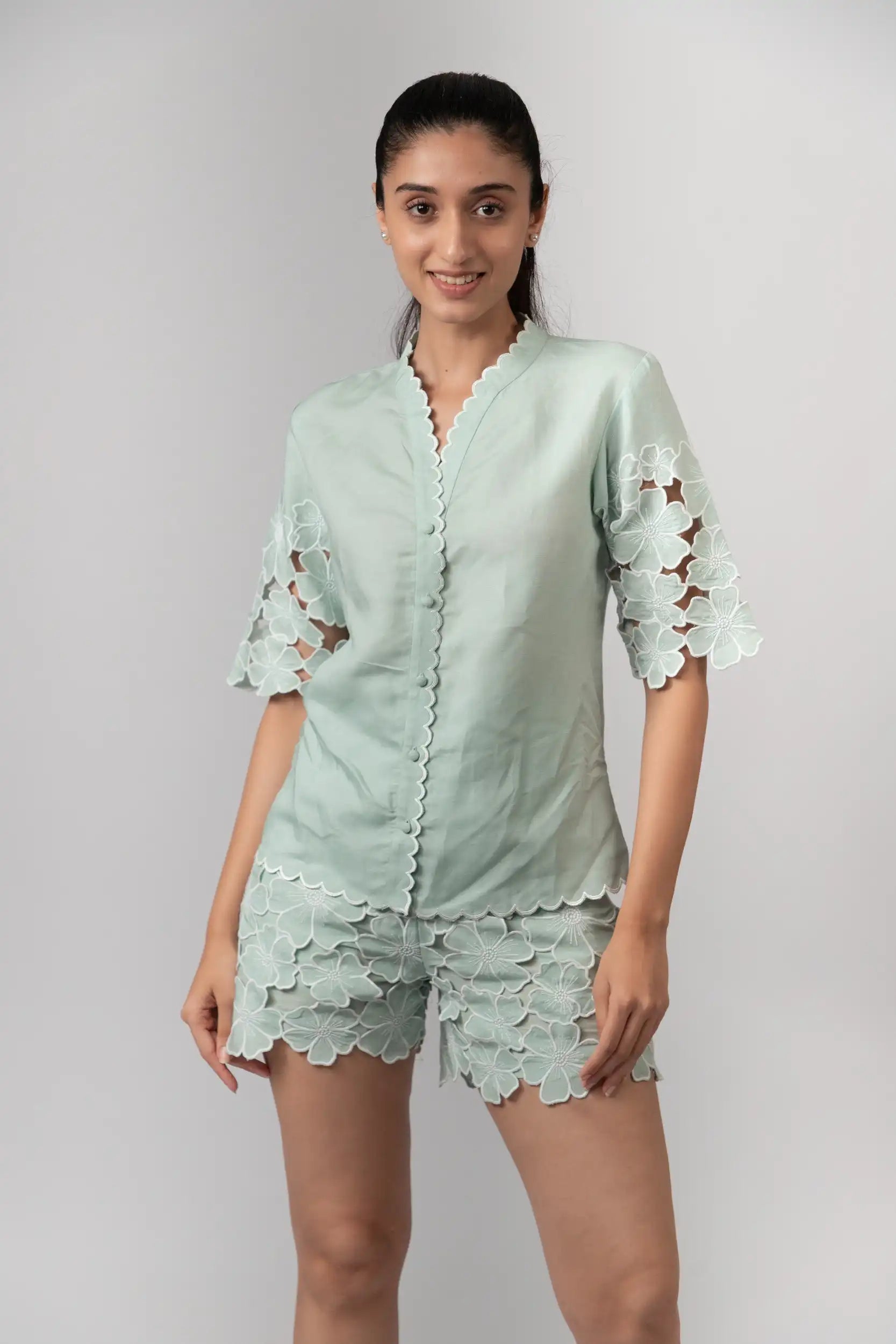 Mint Green Embroidered Shorts by Enhyphen The Label