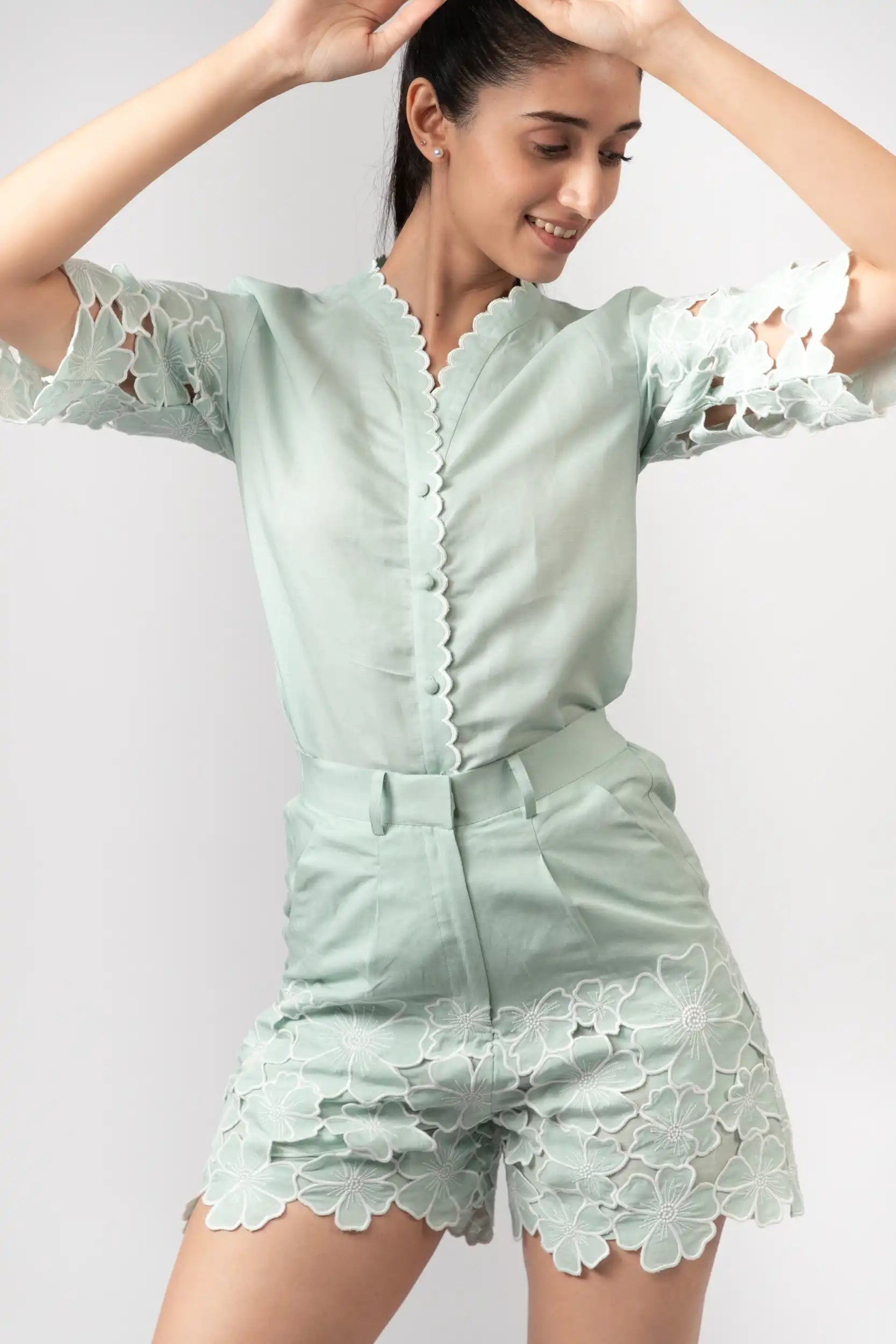 Mint Green Embroidered Shorts by Enhyphen The Label