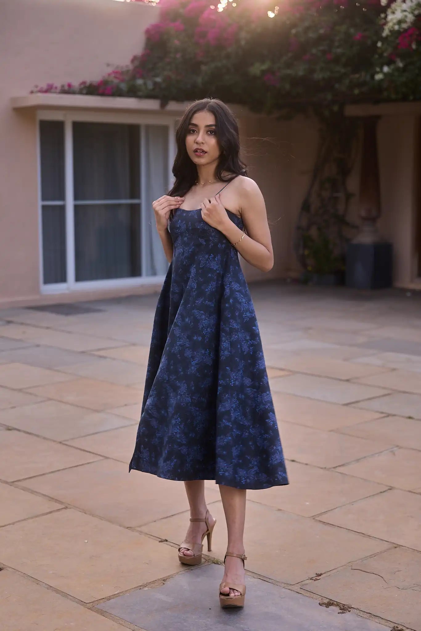 Navy Blue Floral Midi Dress by Enhyphen