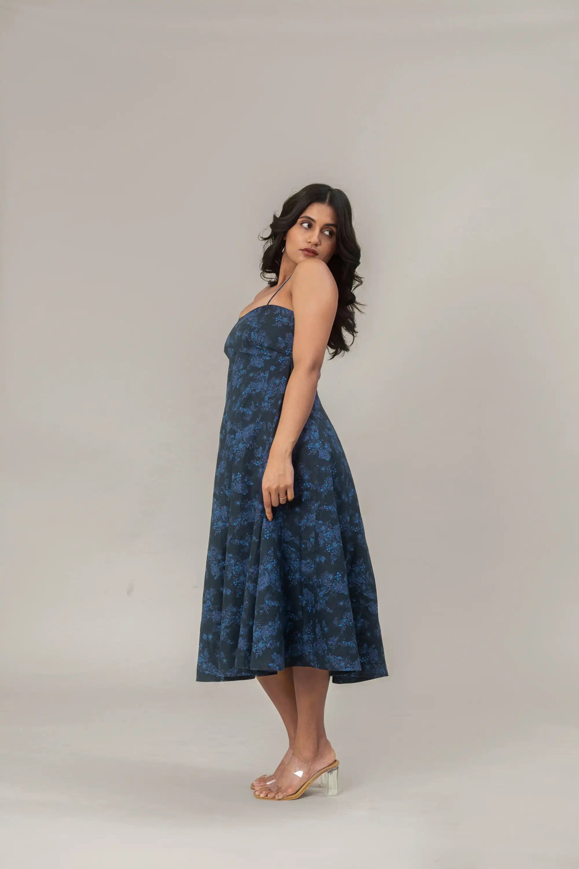 Navy Blue Floral Midi Dress by Enhyphen The Label