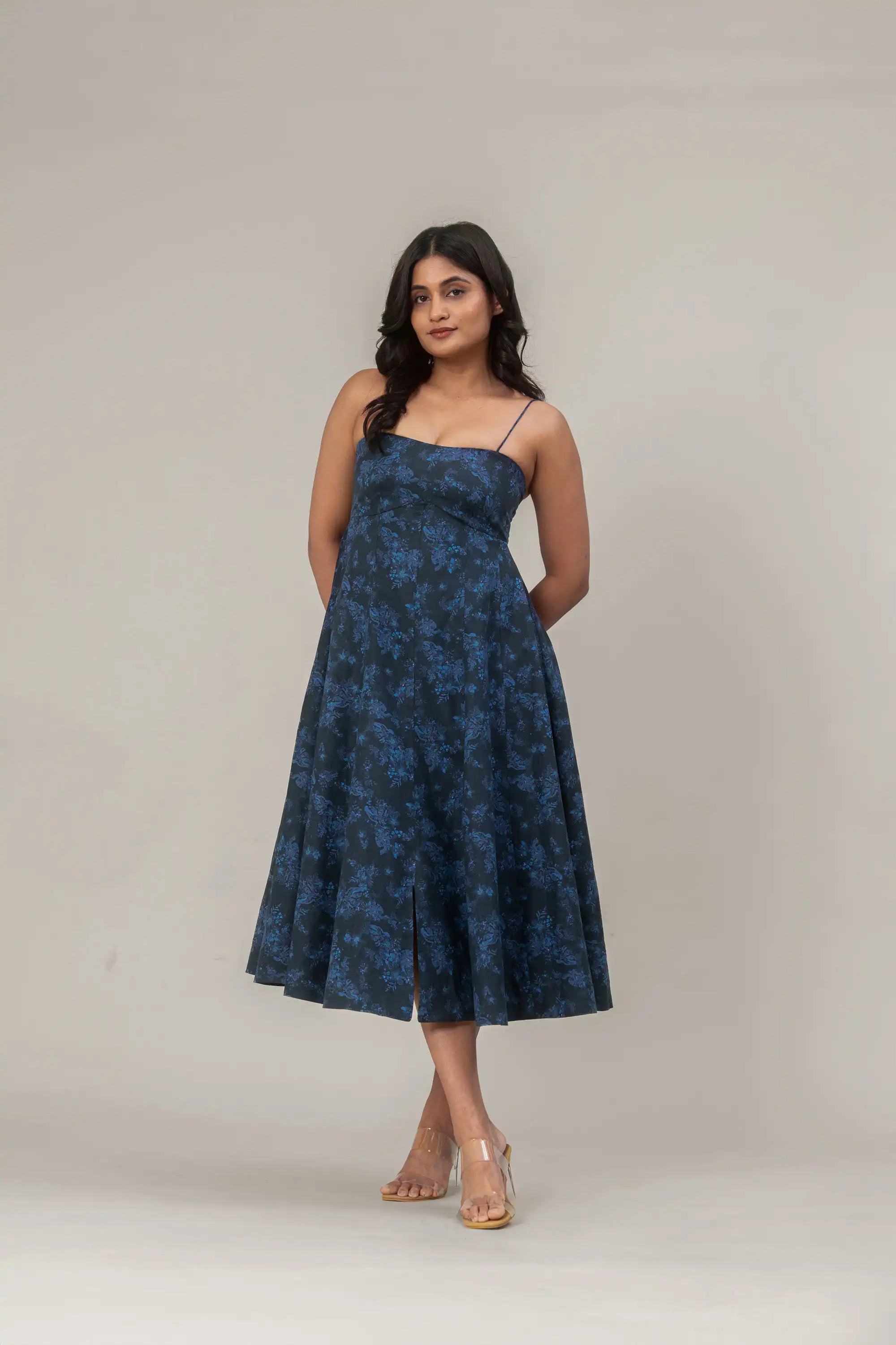 Navy Blue Floral Midi Dress by Enhyphen The Label