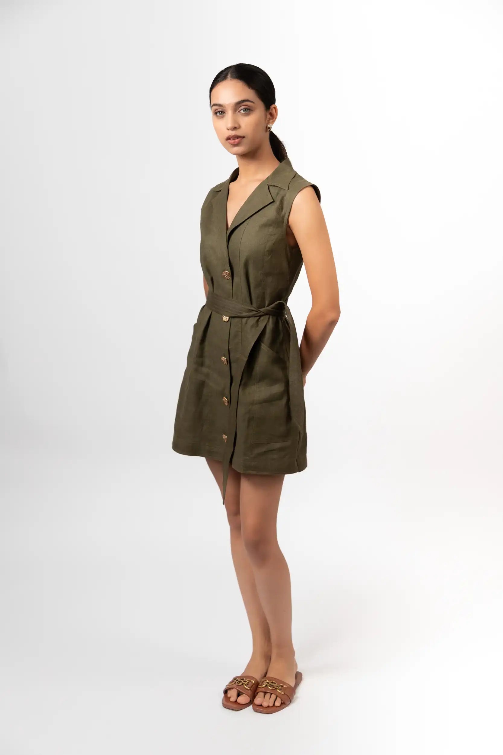 Linen Olive Green Utility Dress | ENHYPHEN Linen Olive Green Utility Dress | ENHYPHEN