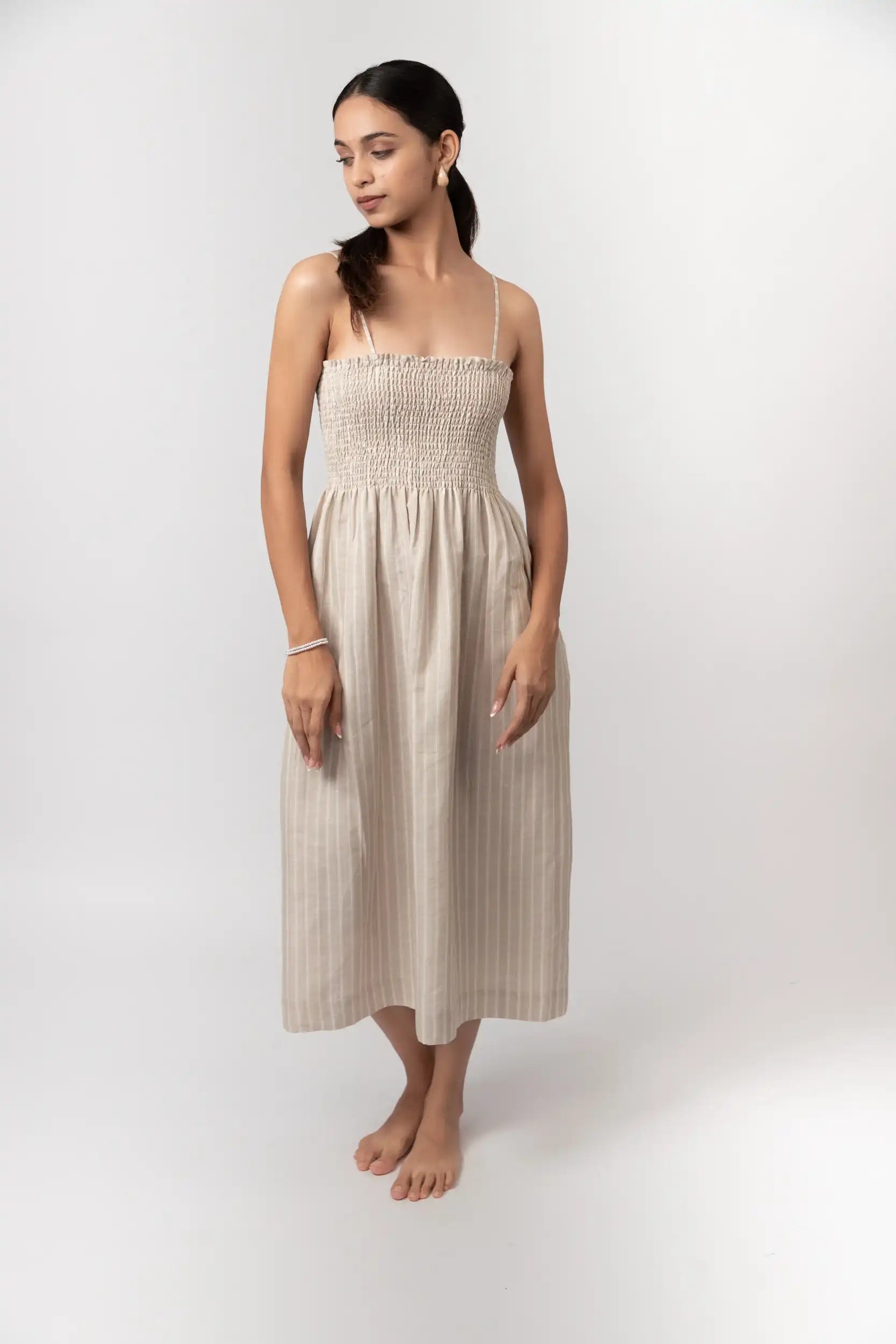 Striped Smocked Midi Dress by Enhyphen