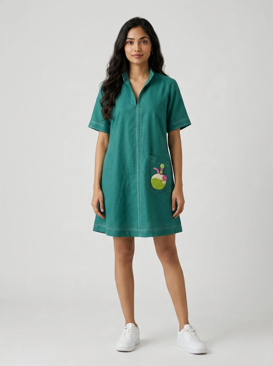 Teal Green Beaded Coconut Linen Shirt Dress by ENHYPHEN The Label