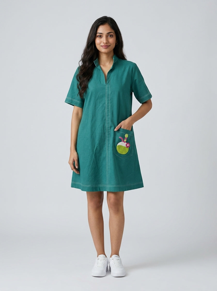 Teal Green Beaded Coconut Linen Shirt Dress by ENHYPHEN The Label