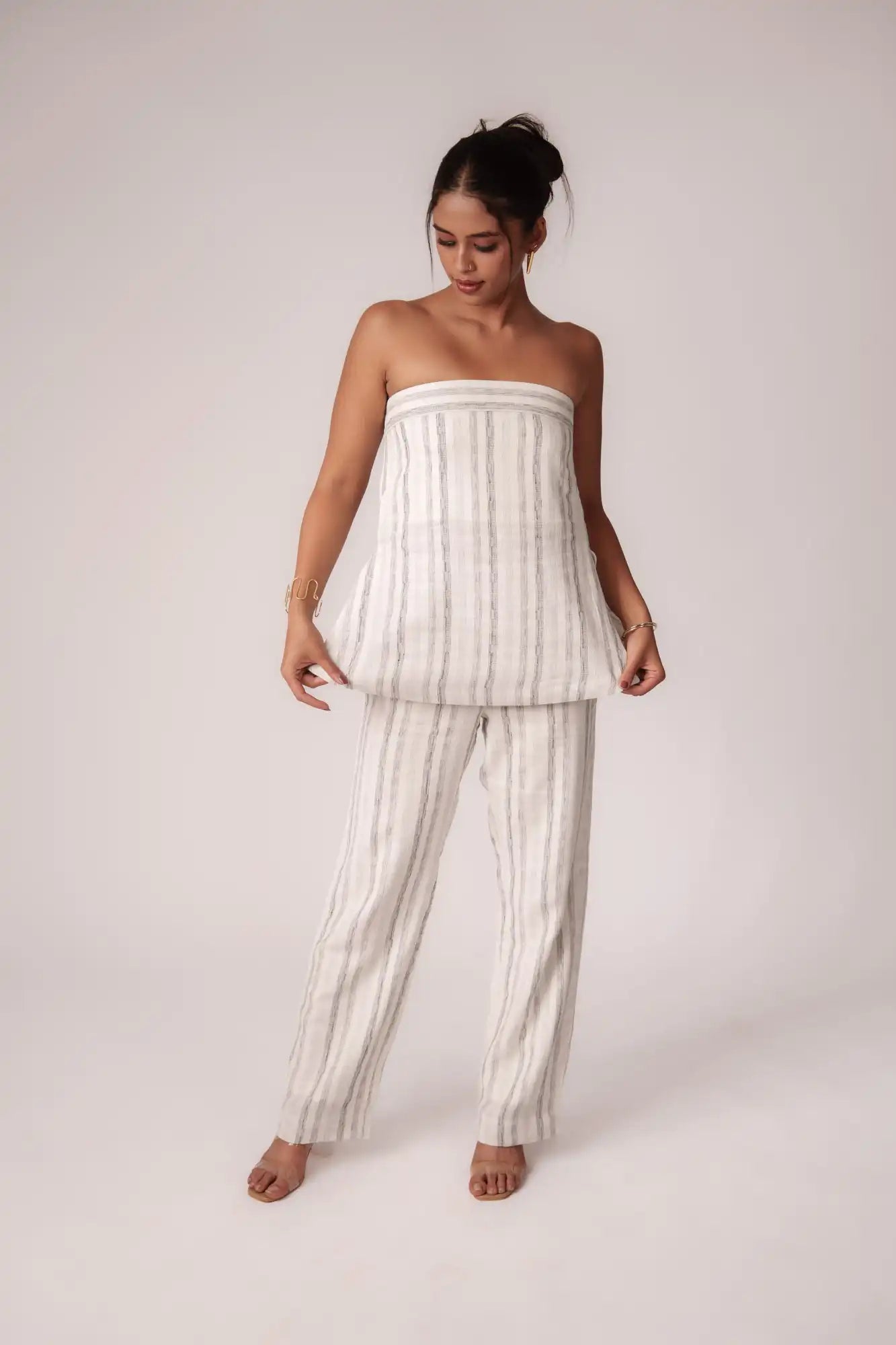 White and Black Striped Strapless Top by Enhyphen
