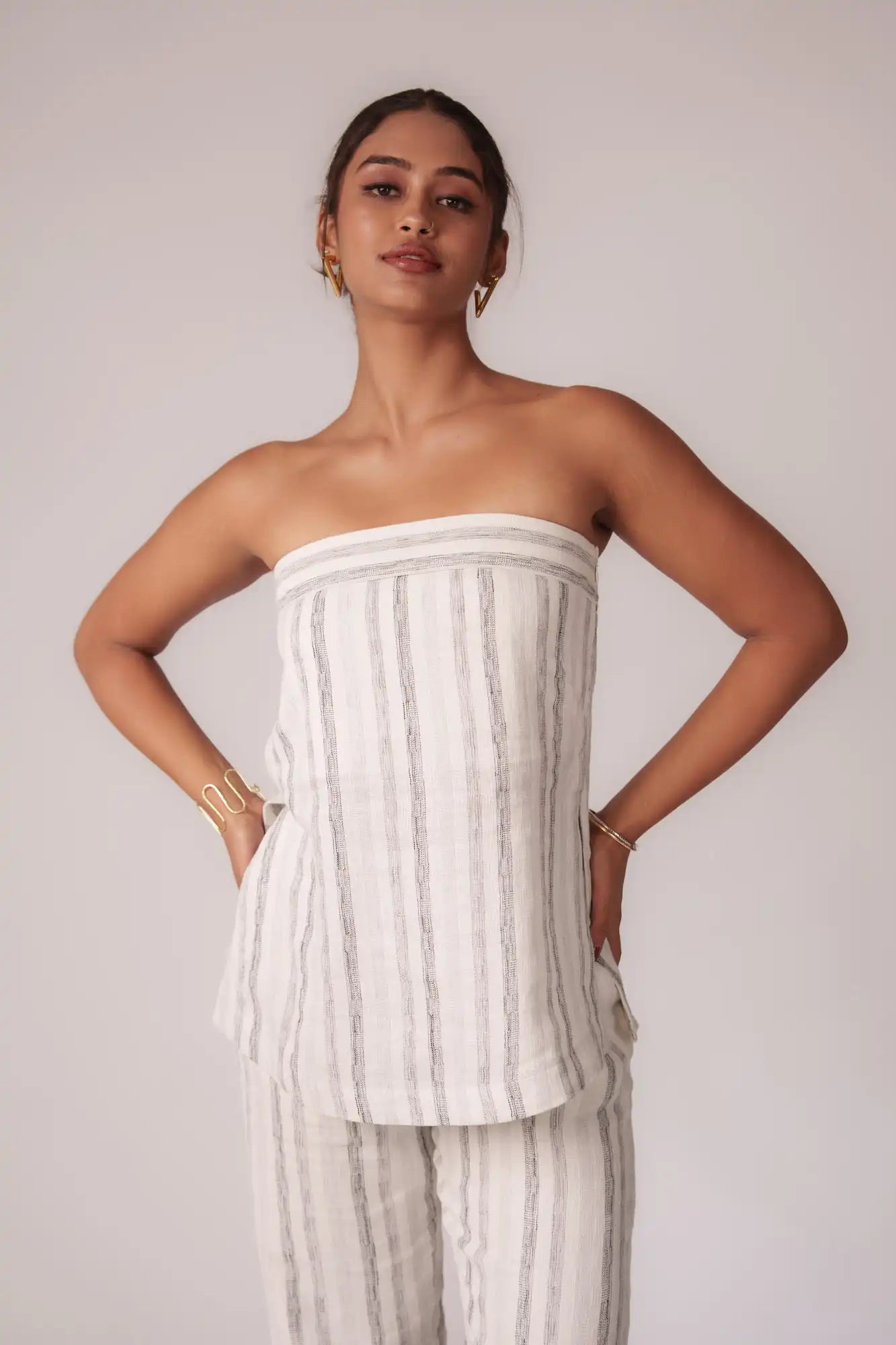 White and Black Striped Strapless Top by Enhyphen