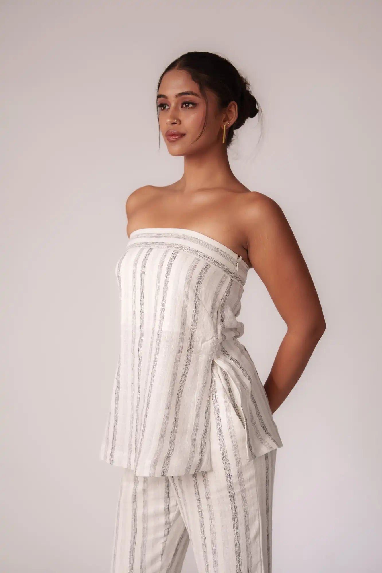 White and Black Striped Strapless Top by Enhyphen