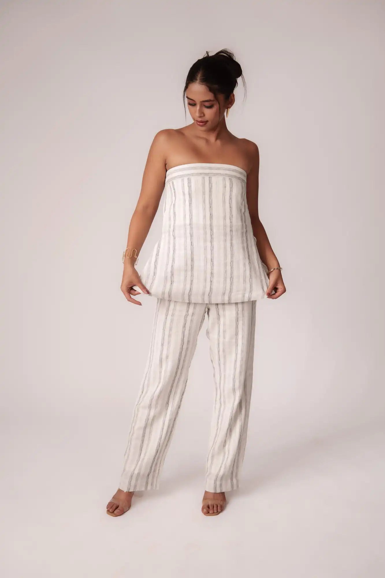 White and Black Striped Strapless Top by Enhyphen The Label
